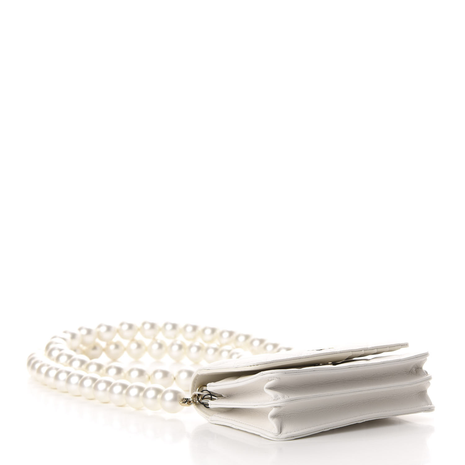 CHANEL Calfskin Quilted CC Pearl Mini Wallet On Chain Flap White