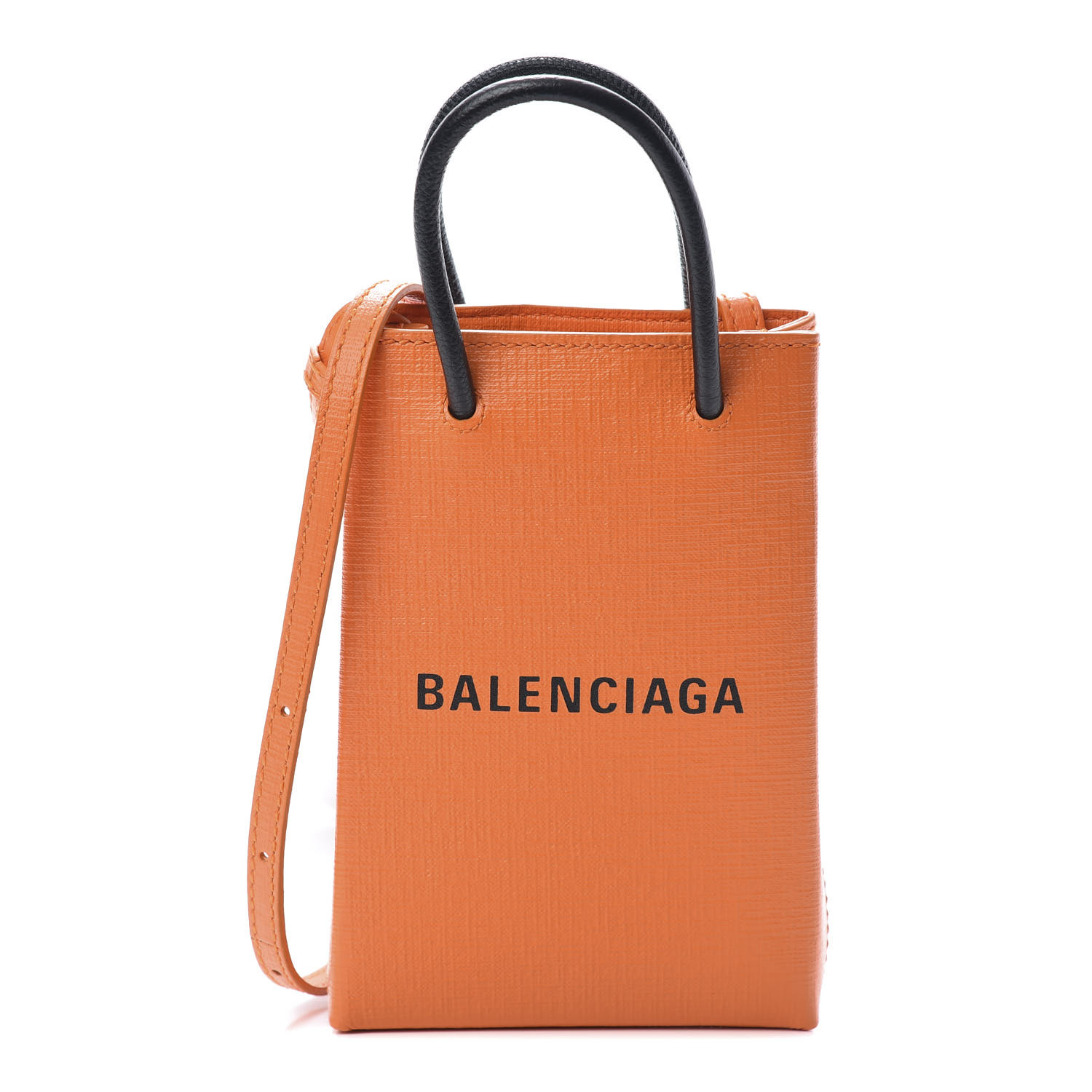 BALENCIAGA Textured Calfskin Logo Shopping Phone Holder Bag Orange