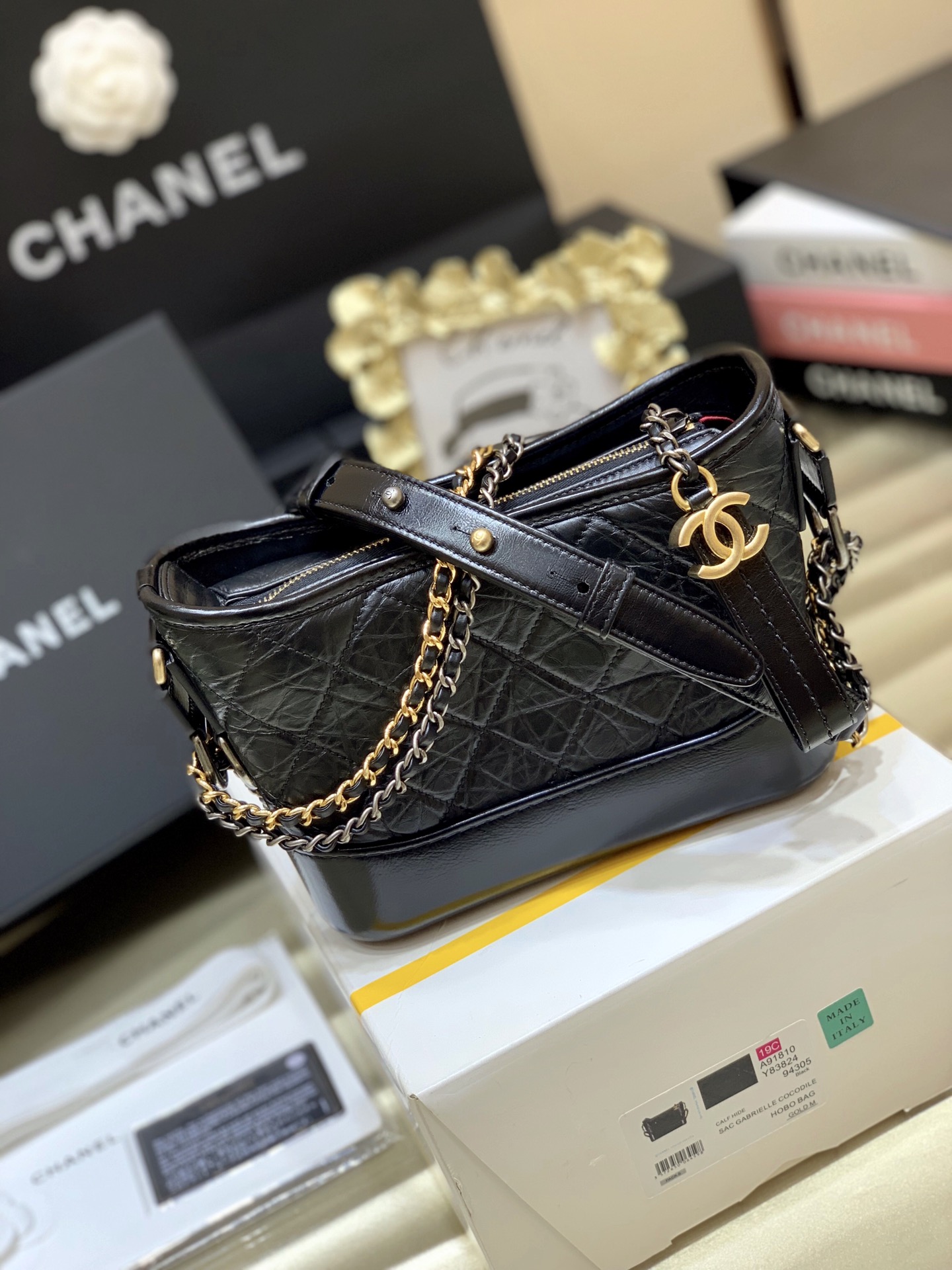 CHANEL Calfskin Quilted Small Gabrielle Hobo Black