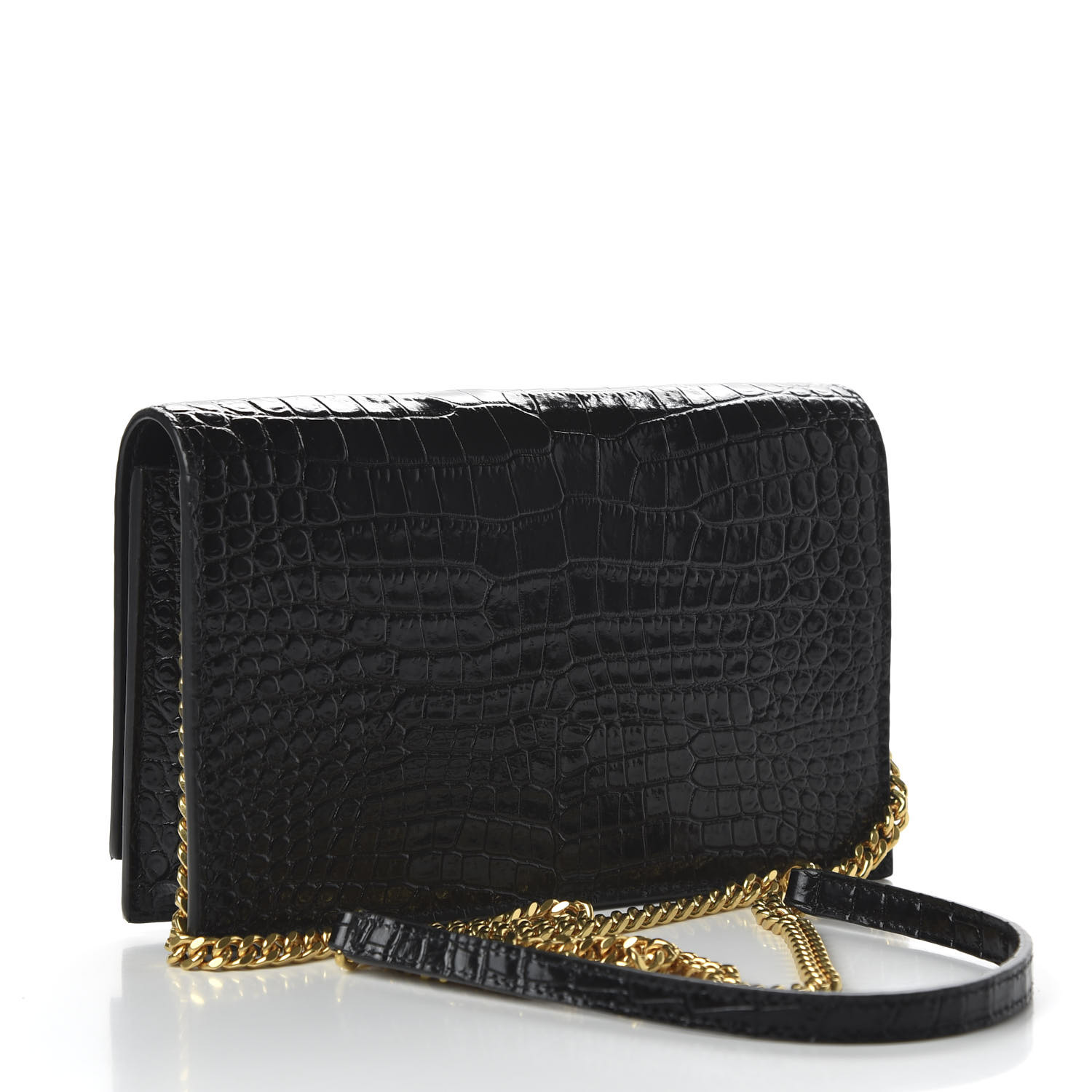 YSL Calfskin Crocodile Embossed Kate Monogram Tassel Chain Wallet Black