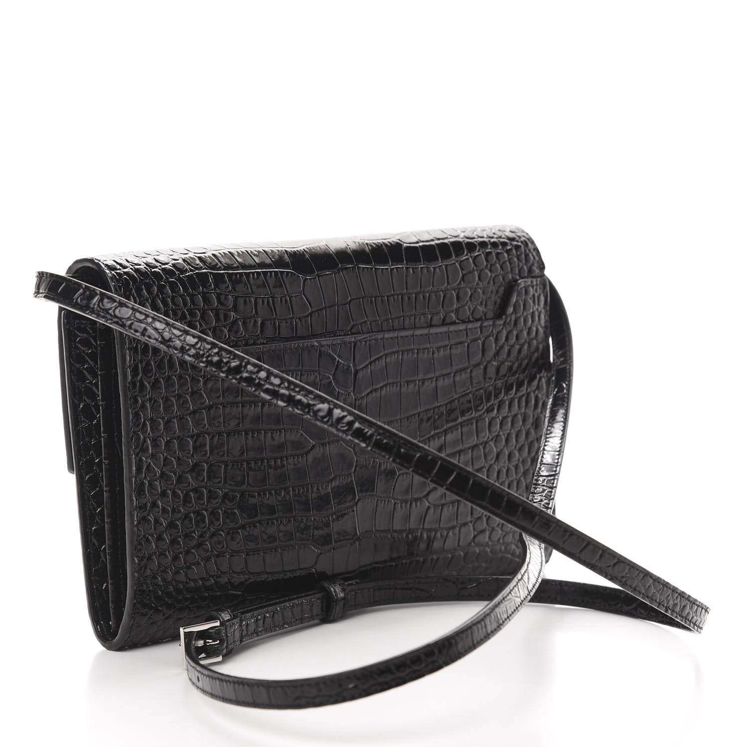 YSL Calfskin Crocodile Embossed Monogram Uptown Crossbody Black