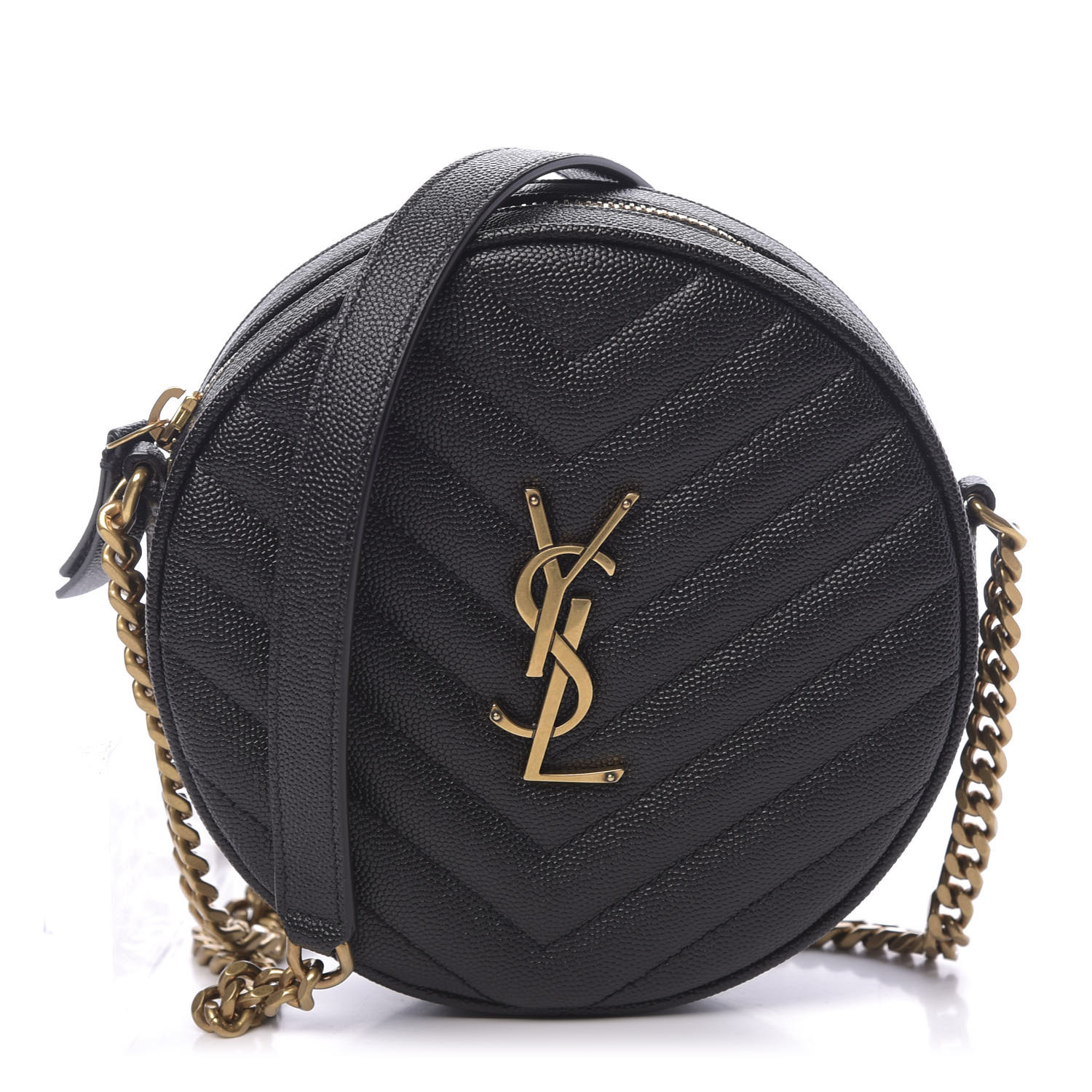 YSL Grain De Poudre Matelasse Chevron Quilted Round Vinyle Camera Bag Black