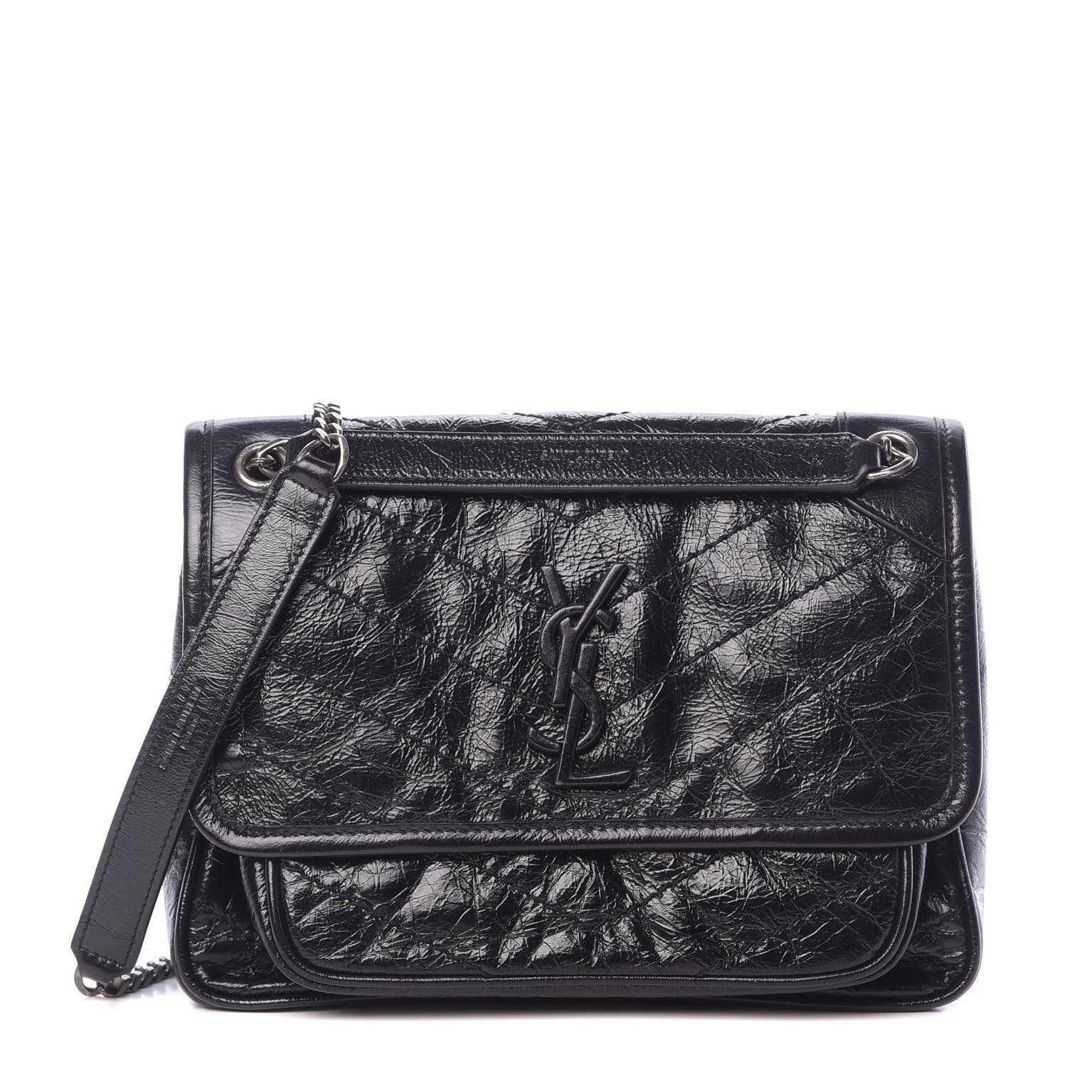 YSL Crinkled Calfskin Matelasse Monogram Baby Niki Chain Satchel Black